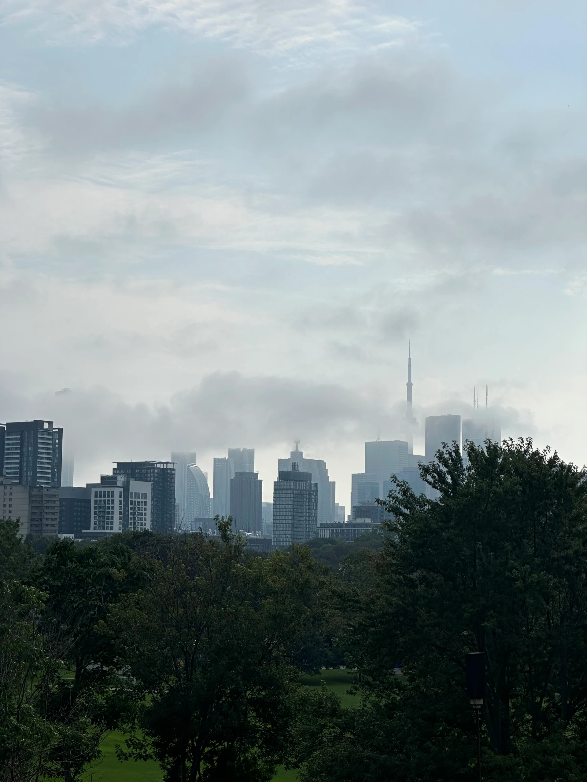 La tour CN au-dessus des arbres sous un ciel nuageux — Toronto, Canada