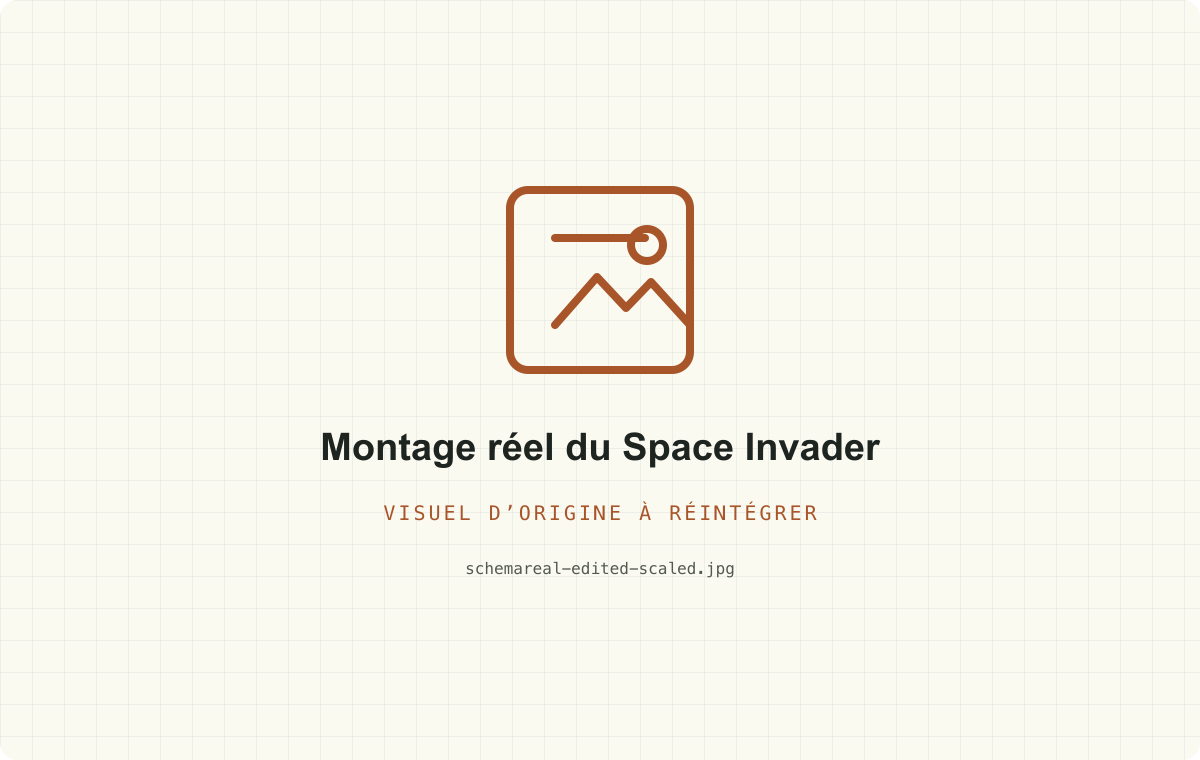 Montage réel du Space Invader — visuel d’origine à réintégrer