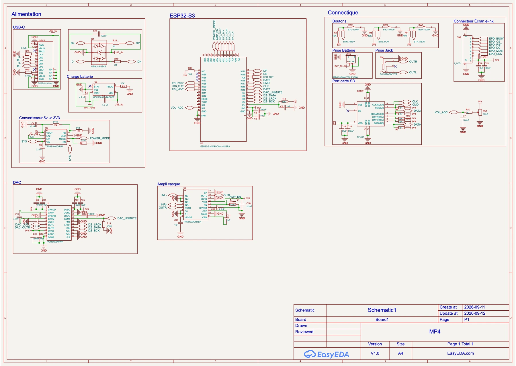 Schéma électrique du lecteur InkBeat avec ESP32-S3, DAC et circuit de charge