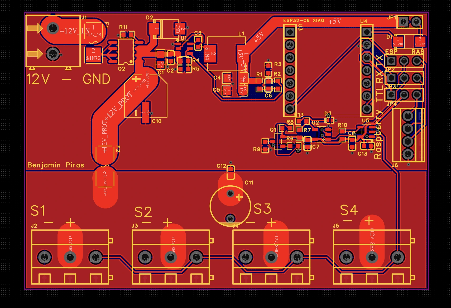 Design view of the power distribution PCB for the six SO-100 servomotors
