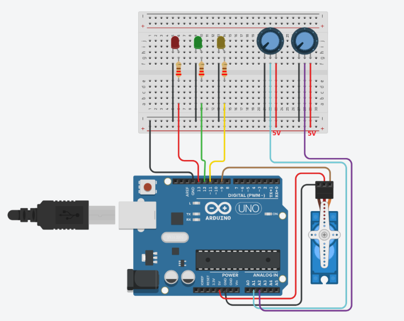 Breadboard wiring for Arduino servomotor control circuit