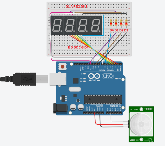 Wiring of the Stopwatch with 4 Digit Display and Sensor
