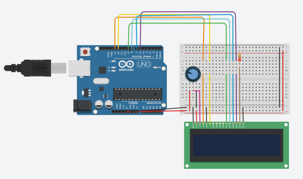 Wiring diagram for Arduino, LCD 1602 